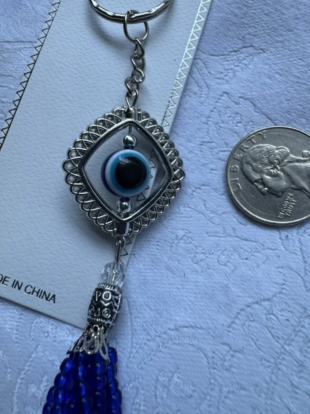 NEW Silvertone Blue Rolling Evil Eye Triangle Keychain Protection Tassel Beads